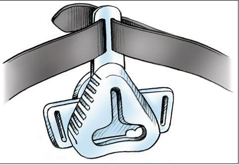 Child adjusting PAP mask strap for proper fit.