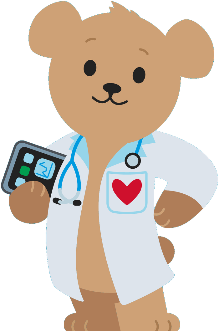 Choco the bear wearing a doctor’s coat and stethoscope